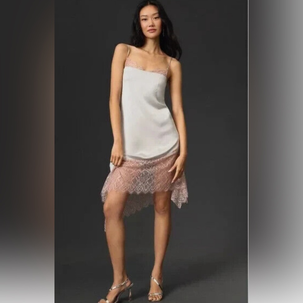 NWT Anthropologie Silver Satin blush pink Lace Trimmed slip DRESS